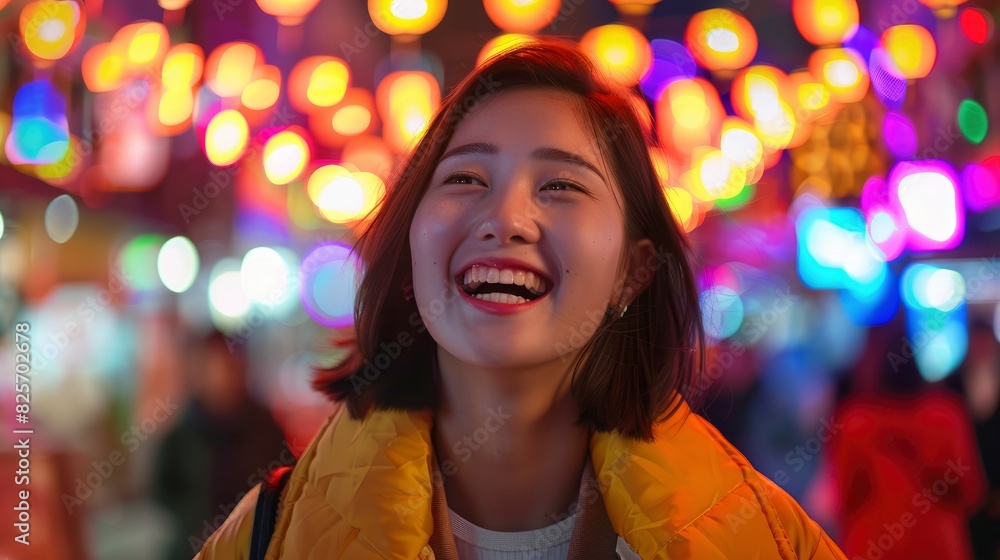 A Young Influencer Enjoying A Vibrant Night Market, Her Face Glowing With Excitement And Discovery, Hd Images A Young Influencer Enjoying A Vibrant Night Market, Her Face Glowing With Excitement And Discovery, Hd Images