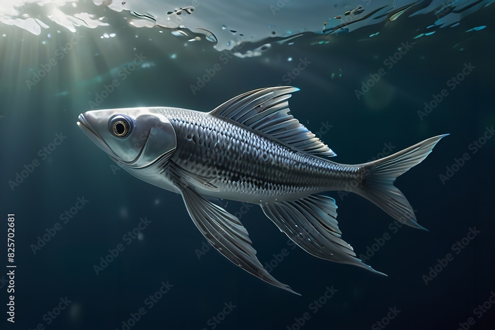 A majestic silvery fish with long flowing fins gliding A majestic silvery fish with long flowing fins gliding