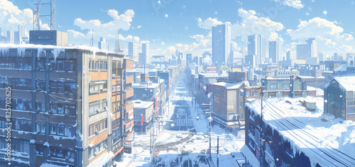 A snowy cityscape with buildings and streets