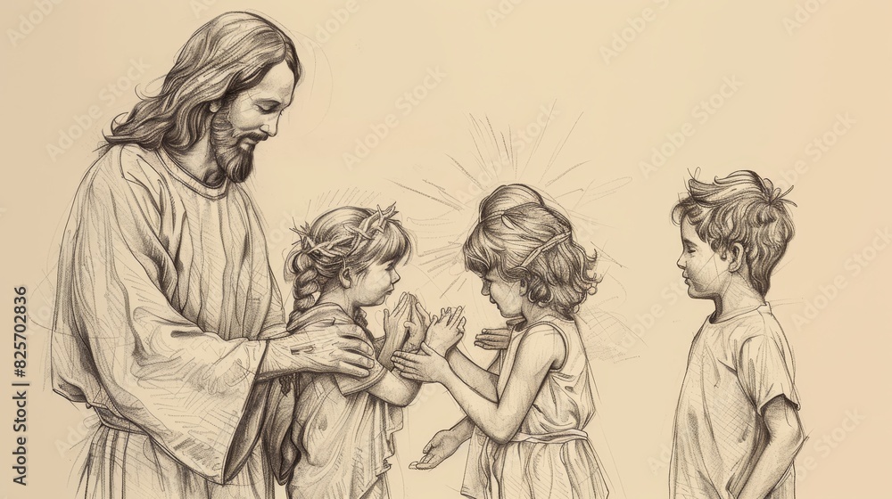Innocence and Love: Jesus Blessing Children, Biblical Illustration Highlighting His Care Innocence and Love: Jesus Blessing Children, Biblical Illustration Highlighting His Care