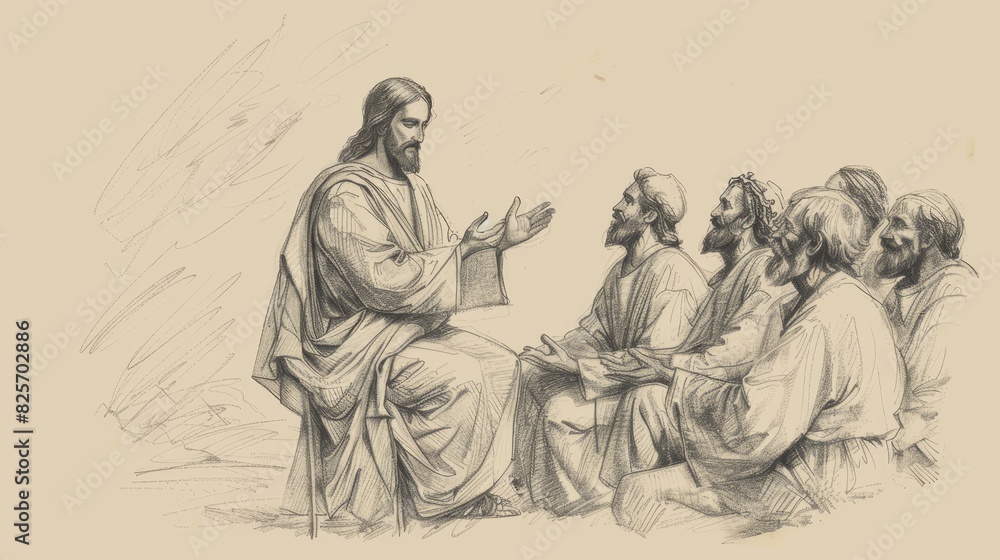 Fototapeta premium Faith and Growth: Jesus Teaching the Parable of the Good Seed, Biblical Illustration Perfect for Stock Photography