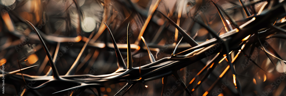 a close up of metal wires and black thorns, generative AI a close up of metal wires and black thorns, generative AI