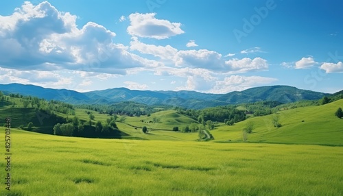 A stunning spring day landscaping views of fertile land surrounded beautiful green vegetation  wide stretches of hills and mountains with clear skies in spring