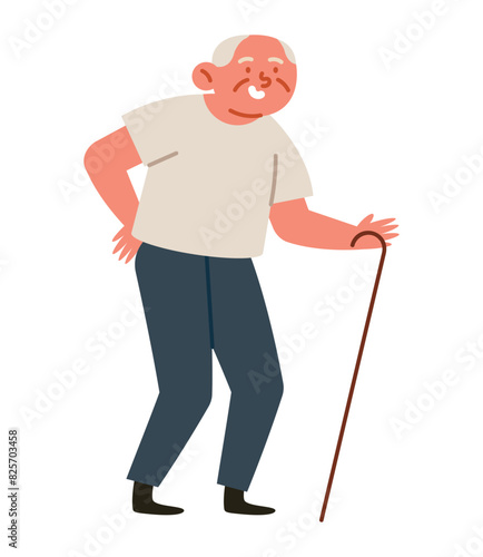 bald senior man with walk stick