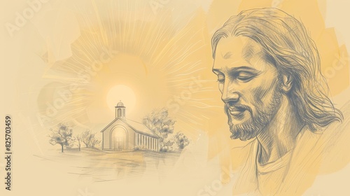 Wallpaper Mural Hope and Light: Sunrise Over Church with Jesus's Image, Biblical Illustration Highlighting Divine Presence Torontodigital.ca