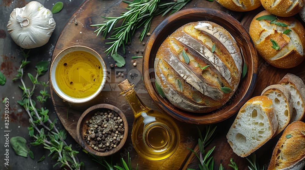 Rustic kitchen with fresh bread and olive oil on a wooden countertop Rustic kitchen with fresh bread and olive oil on a wooden countertop