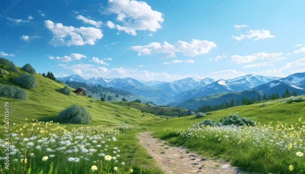 A stunning spring day landscaping views of fertile land surrounded beautiful green vegetation, wide stretches of hills and mountains with clear skies in spring A stunning spring day landscaping views of fertile land surrounded beautiful green vegetation, wide stretches of hills and mountains with clear skies in spring