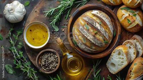Rustic kitchen with fresh bread and olive oil on a wooden countertop