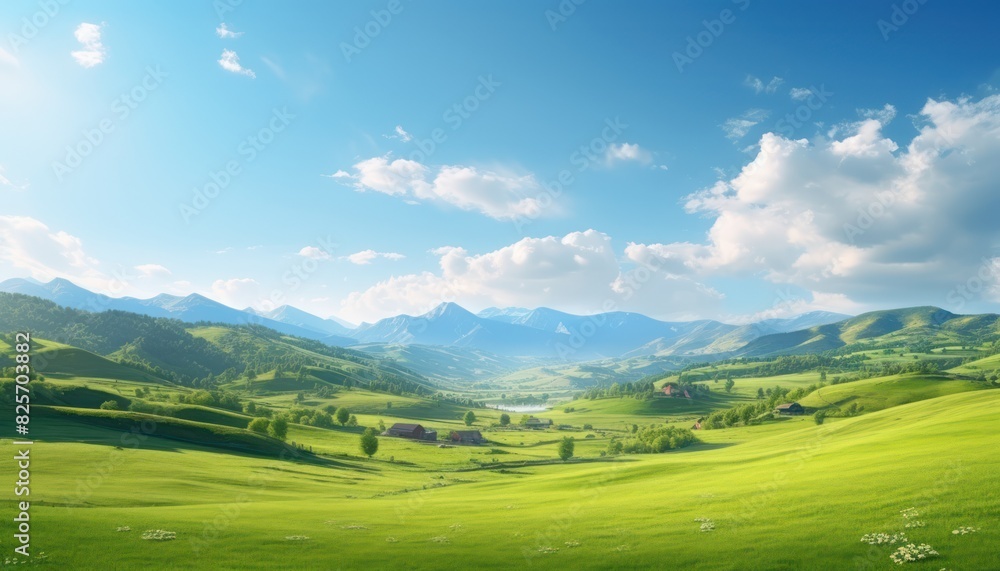 A stunning spring day landscaping views of fertile land surrounded beautiful green vegetation, wide stretches of hills and mountains with clear skies in spring A stunning spring day landscaping views of fertile land surrounded beautiful green vegetation, wide stretches of hills and mountains with clear skies in spring
