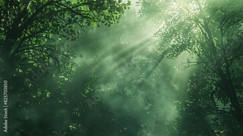 a forest of green trees with sunlight shining through the canopy, a green foggy misty atmosphere © Otseira