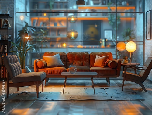 Modern living room setup with a comfortable sofa, stylish coffee table, and armchairs