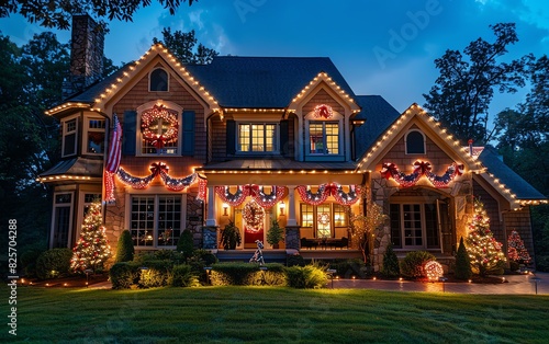 Crystalclear photo of a beautifully decorated house with American flags, bunting, and patriotic lights, celebrating the United States National Day
