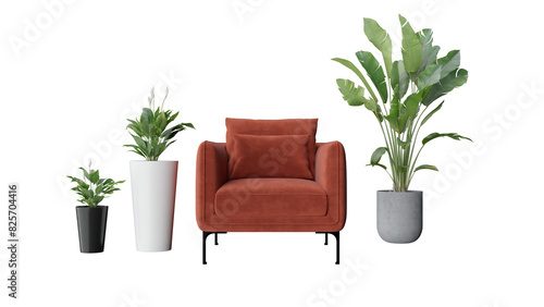 a chair and two potted plants on a black background