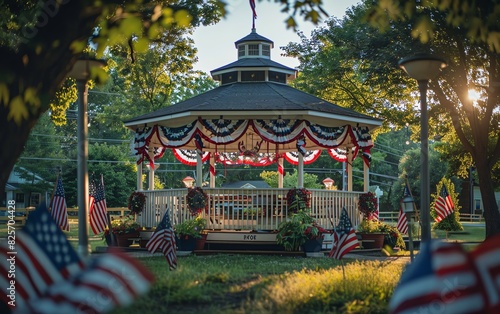 Detailed photo of a community gathering with a decorated gazebo, American flags, and patriotic decor, perfect for Independence Day event promotions