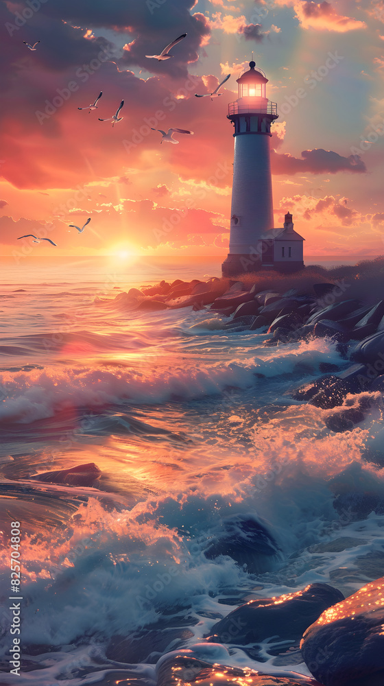 Sunset Serenity: Lighthouse Illuminating the Tranquil Coastal Landscape