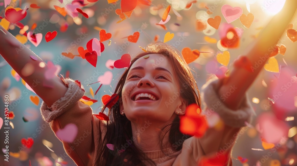 Obraz premium An Extremely Happy Young Brunette Female Enjoyed Falling Heart-Shaped Confetti, Celebrating Moments Of Joy And Happiness, Hd Images