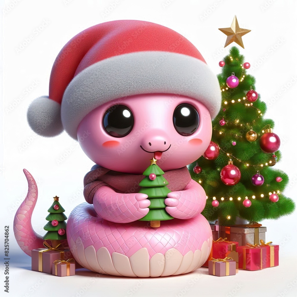 Animated character 3D image of cute, kind, little pink snake in a hat with a decorated christmas tree. composition in a ball Animated character 3D image of cute, kind, little pink snake in a hat with a decorated christmas tree. composition in a ball