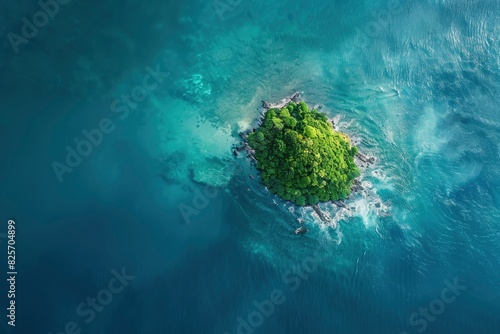 Captured from the bird's eye view of a plane, this photo reveals a solitary island nestled like a precious gem in the vast expanse of ocean. With its lush greenery kissing the shores - generative ai © Nia™