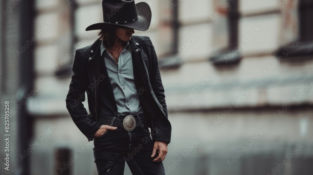Fototapeta premium A classic cowboy look is given a chic update with a fitted suit jacket and cowboy hat paired with black skinny jeans and leather boots.
