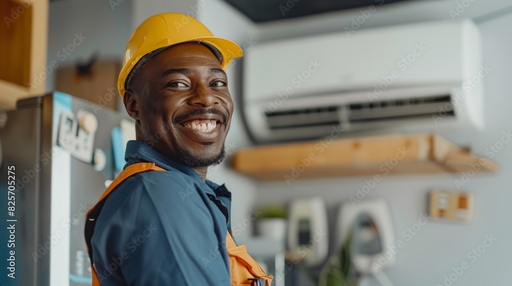 portrait of an african american smiling service technician in uniform servicing or installing an air conditioner in a house and looking at the camera portrait of an african american smiling service technician in uniform servicing or installing an air conditioner in a house and looking at the camera