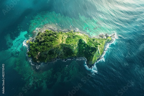 Captured from the bird's eye view of a plane, this photo reveals a solitary island nestled like a precious gem in the vast expanse of ocean. With its lush greenery kissing the shores - generative ai © Nia™