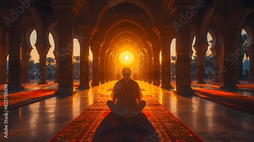A serene photograph of a Muslim man in traditional attire praying at a mosque during sunrise, with the soft light creating a peaceful ambiance. List of Art Media Photograph inspired by Spring magazine