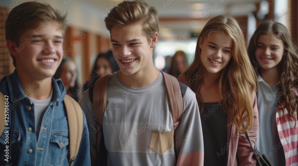 Happy High School Friends Walking Arm In Arm Through A Hallway, Their Camaraderie And Joy Evident In Their Smiles, Hd Images Happy High School Friends Walking Arm In Arm Through A Hallway, Their Camaraderie And Joy Evident In Their Smiles, Hd Images