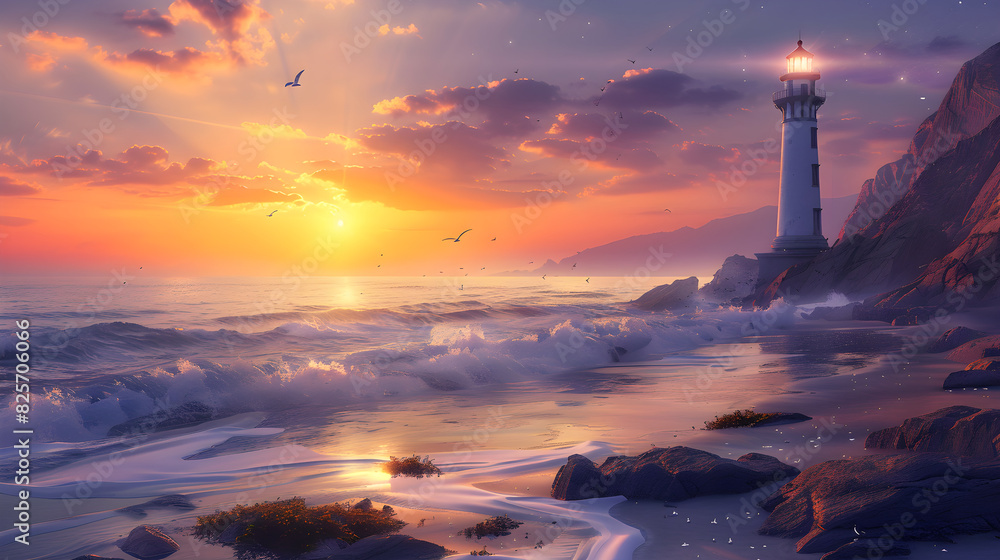 Sunset Serenity: Lighthouse Illuminating the Tranquil Coastal Landscape