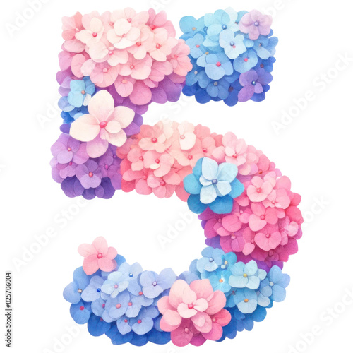 watercolor hydrangea flower Number 5 clipart isolated on the white background