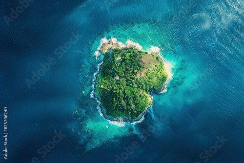 Captured from the bird s eye view of a plane  this photo reveals a solitary island nestled like a precious gem in the vast expanse of ocean. With its lush greenery kissing the shores - generative ai