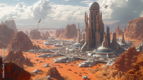 a futuristic colony on Mars  a big city build in Arcology style  Busy traffic of futuristic ground and aircraft vehicles between the tall buildings 