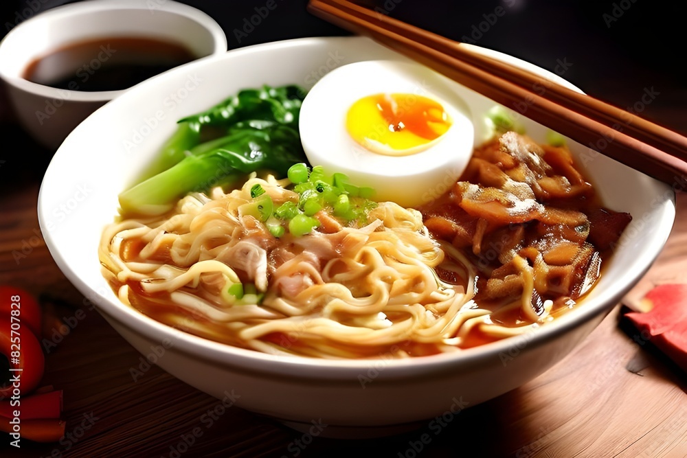Egg noodle with crispy pork and soup of chinese cuisine.