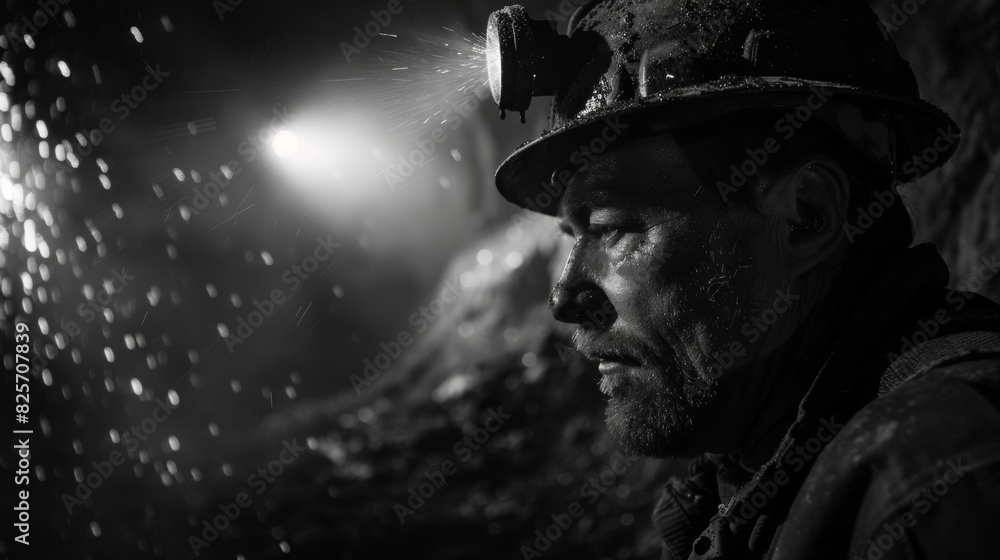 As the coal miner breaks through the tough walls of coal his headlamp captures the shimmering and valuable fragments within. As the coal miner breaks through the tough walls of coal his headlamp captures the shimmering and valuable fragments within.