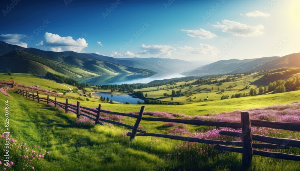 A stunning spring day landscaping views of fertile land surrounded beautiful green vegetation, wide stretches of hills and mountains with clear skies in spring