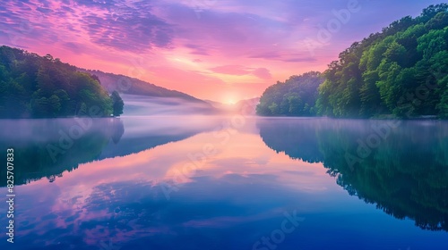 Serene lake at sunrise with mist over water, reflecting vibrant sky colors, surrounded by lush green forest, tranquil and peaceful scene, highresolution nature photo, Close up #825707833