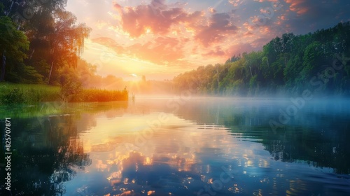 Serene lake at sunrise with mist over water  reflecting vibrant sky colors  surrounded by lush green forest  tranquil and peaceful scene  highresolution nature photo  Close up