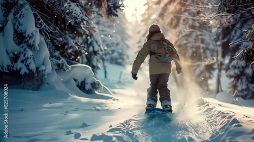 Snowboarding through a forest trail, snowcovered trees, crisp and clear winter day, adventurous and exhilarating scene, highdefinition outdoor photography, Close up photo