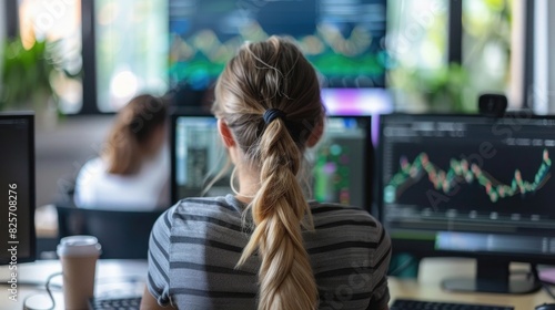 Young woman working in an office at the computer, people sitting behind her and looking on monitors with images of stock market or social media in blurred background. People using computers for work