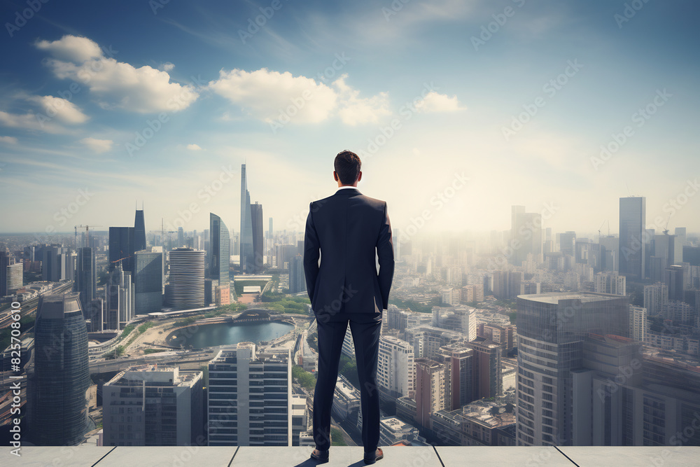 Businessman standing on a rooftop overlooking a vast city skyline, contemplating success and future opportunities, under a bright sky Businessman standing on a rooftop overlooking a vast city skyline, contemplating success and future opportunities, under a bright sky