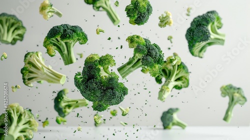 broccoli falling from the air on white background. generative ai