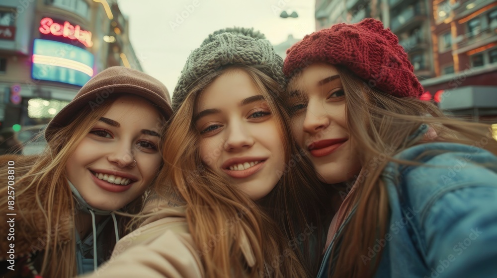 Fototapeta premium Three Young Women Took A Selfie Portrait On A City Street, Capturing Memories Of Friendship And Joy, Hd Images