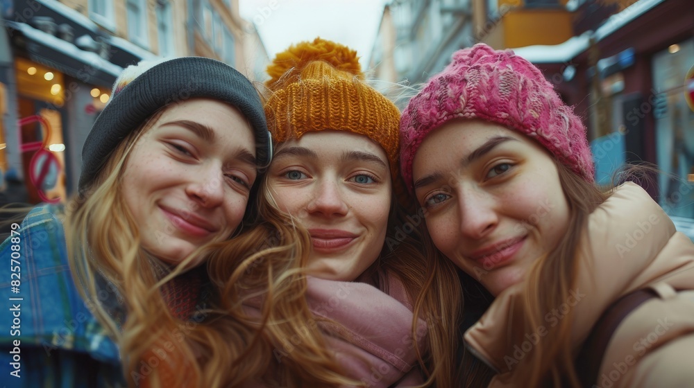 Three Young Women Took A Selfie Portrait On A City Street, Capturing Memories Of Friendship And Joy, Hd Images Three Young Women Took A Selfie Portrait On A City Street, Capturing Memories Of Friendship And Joy, Hd Images