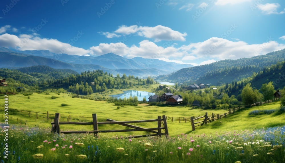 A stunning spring day landscaping views of fertile land surrounded beautiful green vegetation, wide stretches of hills and mountains with clear skies in spring