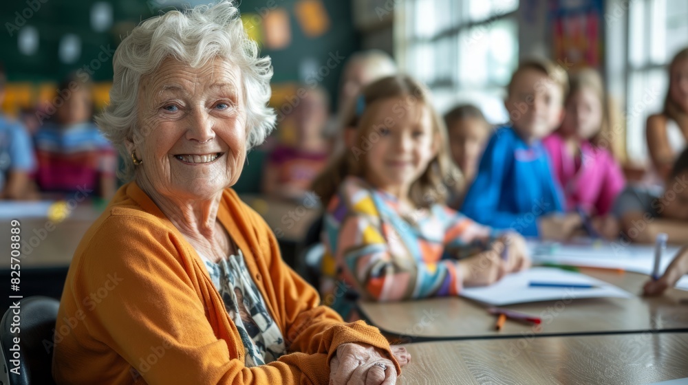 Fototapeta premium Multi generation concept. seniors are helping young students with their homework in classroom.