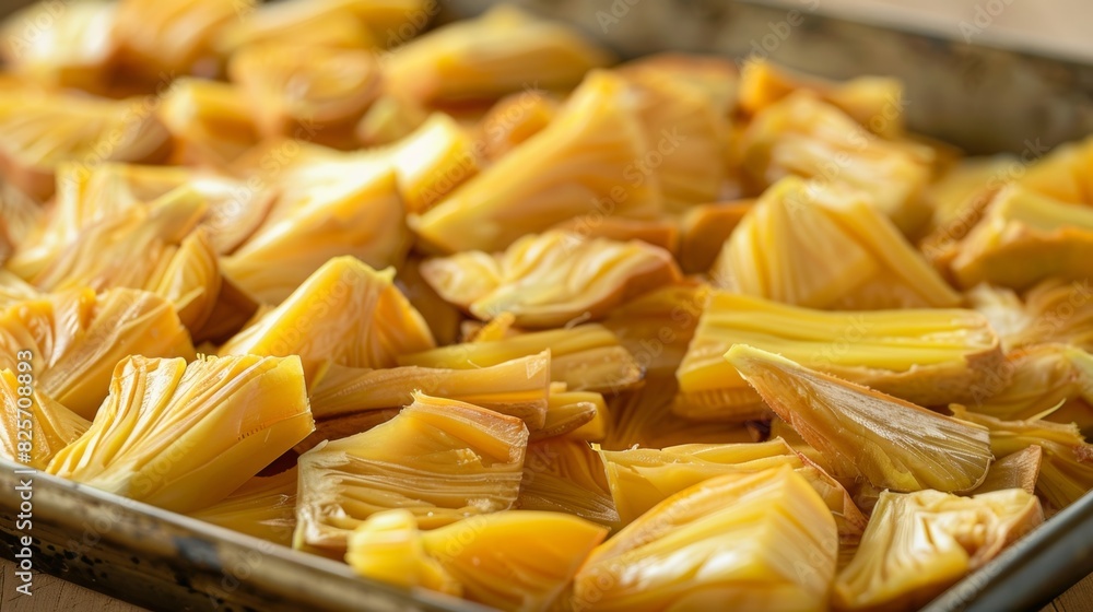 A closeup of a tray of dehydrated jackfruit a popular tropical fruit with a caption explaining the steps for drying and storing. A closeup of a tray of dehydrated jackfruit a popular tropical fruit with a caption explaining the steps for drying and storing.