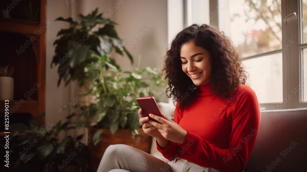 Young woman in a red outfit smiling while looking at her phone, sitting by a window surrounded by lush indoor plants, enjoying a relaxed and joyful moment Young woman in a red outfit smiling while looking at her phone, sitting by a window surrounded by lush indoor plants, enjoying a relaxed and joyful moment