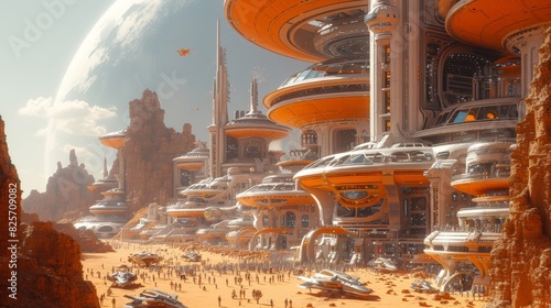 a futuristic colony on Mars, a big city build in Arcology style, Busy traffic of futuristic ground and aircraft vehicles between the tall buildings, photo