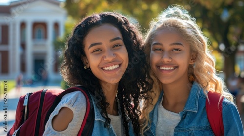 Two College Student Friends Smiling And Ready For Classes On Campus, Their Excitement For The Day Ahead Visible, Hd Images