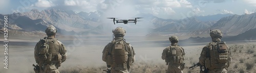  Soldiers with gear observe a drone in a forbidding desert 