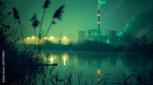 A rare glimpse of a cooling pond during night time lit up by the eerie green glow of the power plant.